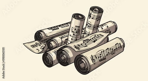 A pile of rolled parchment sheets with musical notation displayed
