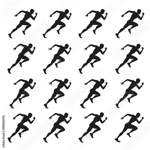 A repeating pattern of black silhouettes depicts multiple figures actively running forward