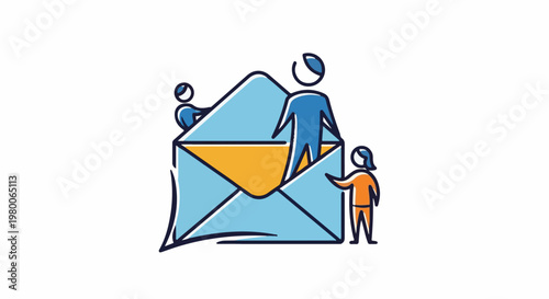 Stylized figures interact with a large, open envelope icon
