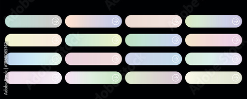 Pastel gradient button set,  colorful rounded rectangular web elements, soft holographic glassmorphism UI kit for modern app design and interfaces
