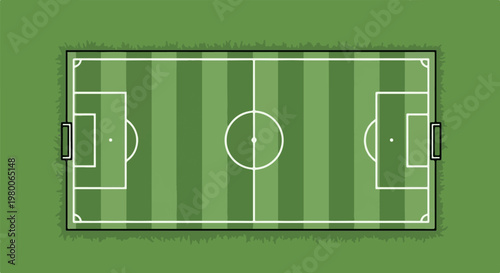 A simple, top-down illustration of a soccer field with white lines and green turf