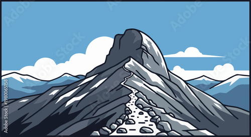 Pixel art of a rocky mountain path leading to a peak under a blue sky