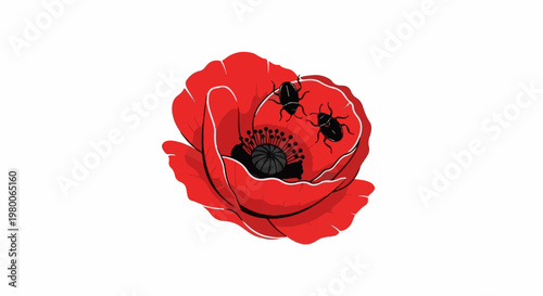 Stylized red poppy with two black beetles in its center