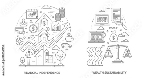 Financial indicators and economic growth metrics are visually represented through this detailed line art illustration that demonstrates the fundamental principles of personal wealth and fiscal.