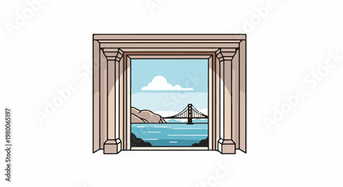 Ornate doorway opens to a picturesque bridge over blue water