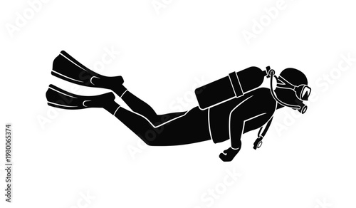 A striking black silhouette depicts a scuba diver suspended in water showcasing diving equipment and a serene underwater scene silhouette high quality professional detailed