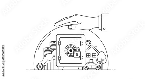 Safebox represents financial security and asset protection for individuals and families as a hand protects the metal vault containing coins and property icons in this minimalist outline illustration.