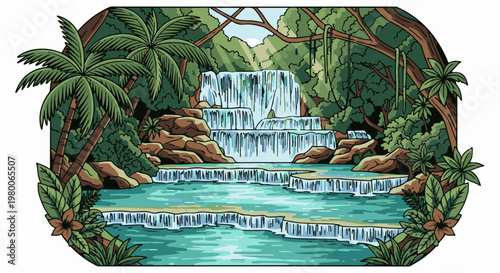 Pixelated jungle waterfall with lush vegetation and clear blue water