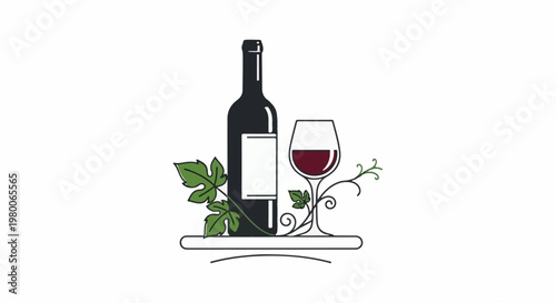 A dark wine bottle and a glass of red wine are shown with grape leaves