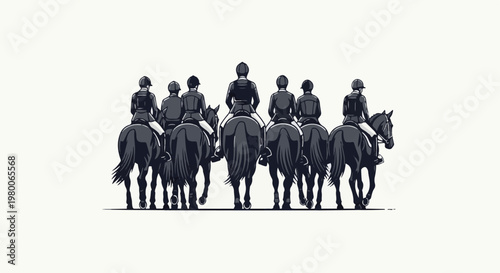 A group of riders on horseback viewed from behind in a monochrome graphic