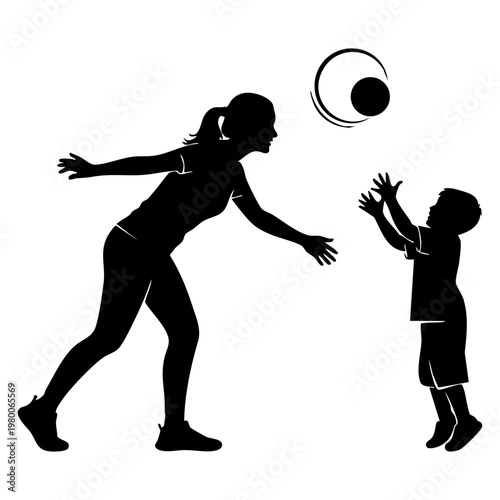 Joyful Mother's Day activity, playful interaction, parent and child bonding, active family fun, happy moments, developing skills, silhouette illustration, healthy lifestyle, childhood memories, energe