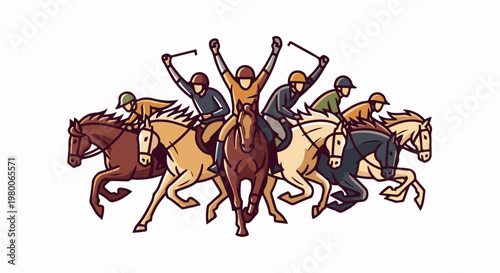 A group of equestrians in a race, with one celebrating victory