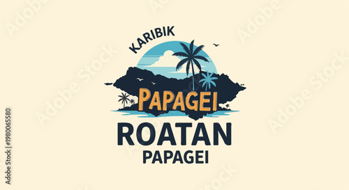 Tropical island scene with palm trees, water, and text "Papagei