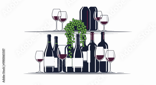 Bottles and glasses of wine on shelves with hanging greenery