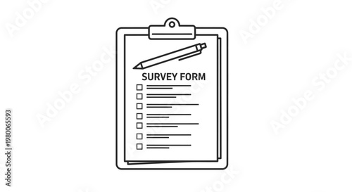 Clipboard displaying a survey form features a minimalist line drawing of a document with checkboxes and a pen placed on top to represent the process of collecting customer feedback and data input.