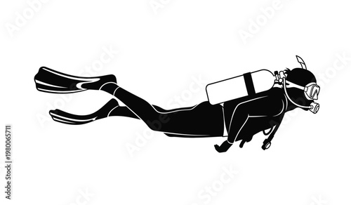 A dynamic side view depicts a scuba diver in motion appearing to swim through water presented as a striking silhouette high quality professional detailed