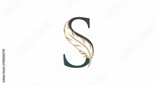 Elegant letter S adorned with a delicate feather in beige and gold