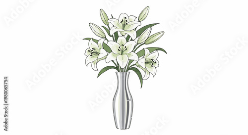 A bouquet of white lilies in a sleek silver vase