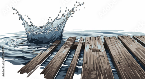 A dramatic water splash erupts from a calm lake next to a weathered wooden pier
