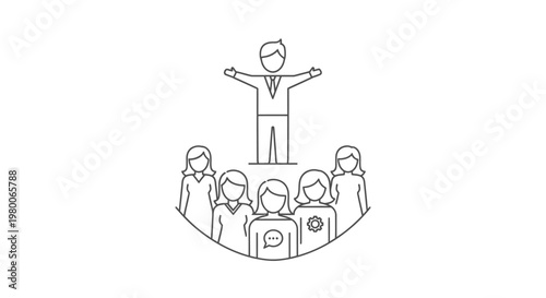 Manager stands above a diverse group of employees to represent corporate leadership structure and organizational hierarchy within a modern business environment that fosters professional team.