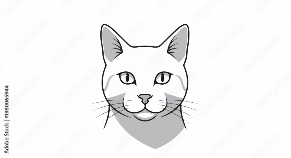 Fototapeta premium Stylized line art of a cat's face with grey shading on cheeks and ears