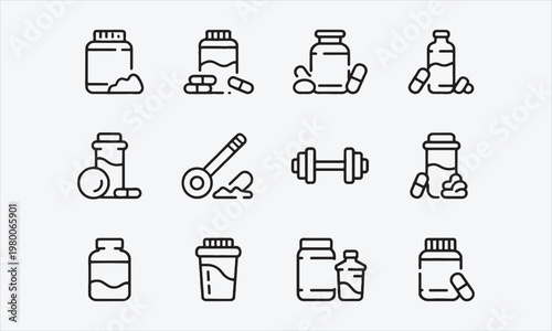 Fitness and Nutrition Supplement Icons Linear Vector Collection