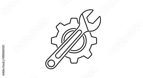 Wrench rests diagonally across a circular gear to symbolize mechanical maintenance, industrial repair, precision engineering, and the fundamental tools required for effective technical operations.