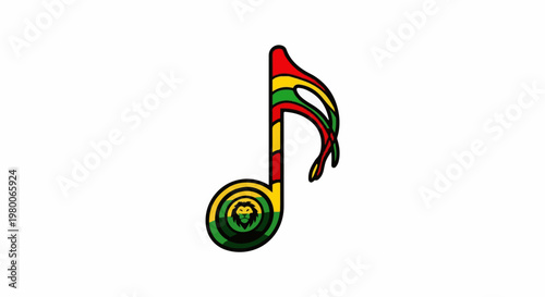 A musical note with a lion emblem, colored in red, yellow, green, and black