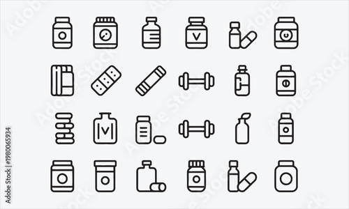 Fitness and Nutrition Supplement Icons Linear Vector Collection