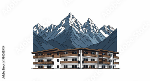 Modern alpine hotel with snow-capped mountains in the background