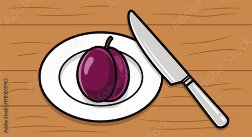 A plump purple plum rests on a white plate next to a silver knife
