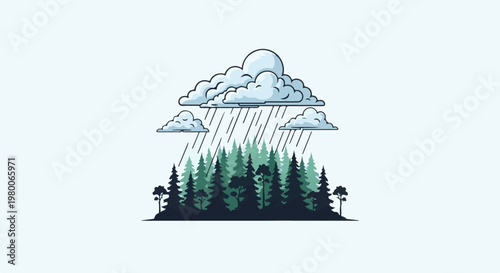 Pixel art of a rain shower over a dense forest
