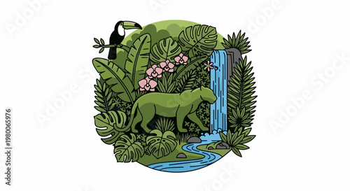 Tropical jungle scene with a green panther, toucan, waterfall, and lush foliage