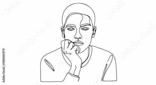 Minimalist line art portrait of a young person resting chin on hand