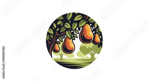Ripening pears hang from tree branches in a stylized orchard scene