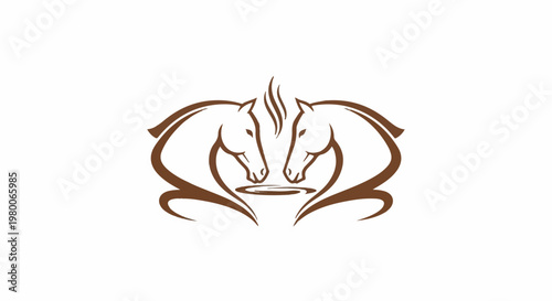 Two horses drinking from a trough in a stylized logo