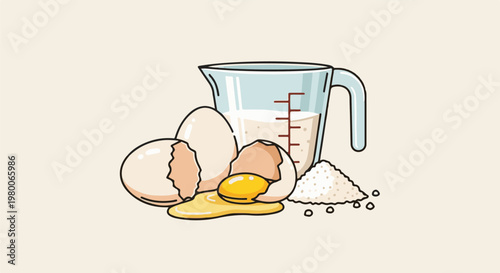 Ingredients for baking eggs, milk, and sugar are ready for use