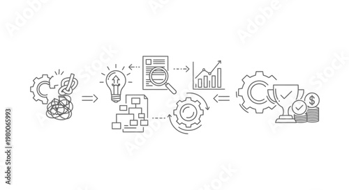 Gears rotate alongside a lightbulb and a trophy to visualize the transformation of complex technical problems into efficient, successful business solutions through strategic planning and development.