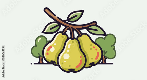 Three ripe pears hanging from a branch with leaves, flanked by trees