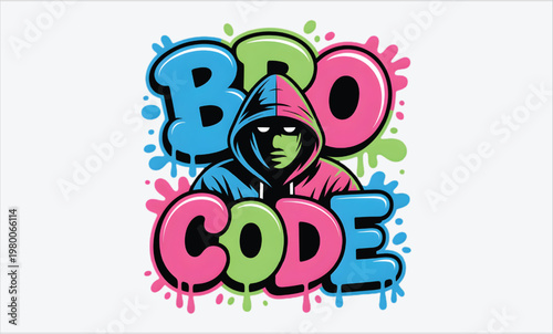 Graffiti Bro Code Street Art Typography with Hoodie Character Illustration for Urban Branding, Stickers, Posters, Apparel, and Modern Digital Designs