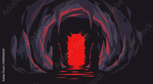 A dark, jagged cavern entrance with a bright red glow and shadowy figures