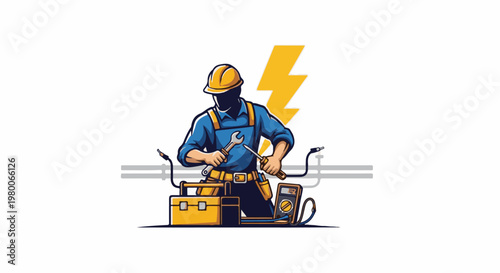 Electrician with tools and equipment, lightning bolt symbol