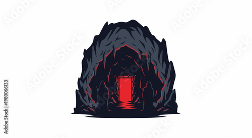 Mystical cave entrance with glowing portal and hooded figures