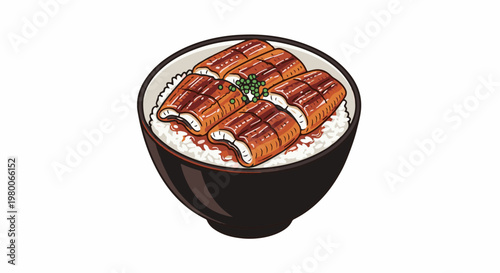 A stylized bowl of rice topped with grilled eel and green scallions