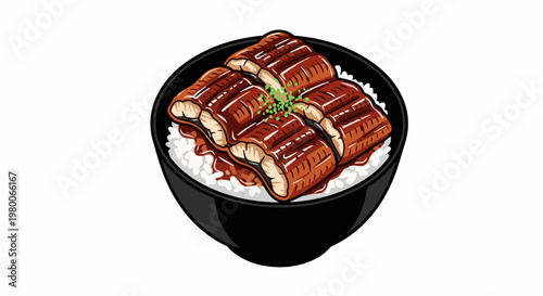 Delicious glazed eel served on a bed of fluffy white rice in a black bowl