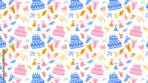 Seamless birthday pattern with cakes, gifts, balloons, candies and party elements. Cute repeat design in retro cartoon style with bright colors and playful vibe.
