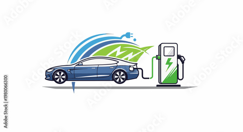 Electric car charging at a station with green leaf and electricity symbol
