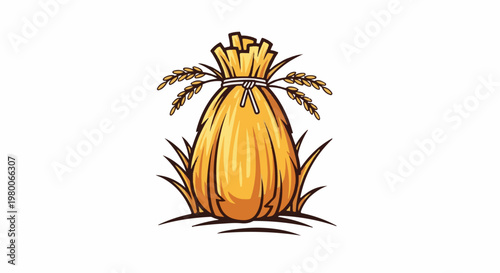 Golden bundle of grain, tied with twine, surrounded by grass