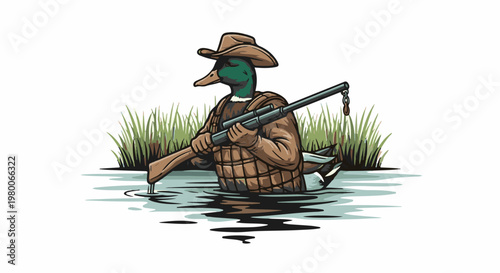 Cartoon duck wearing cowboy hat and vest with shotgun in water