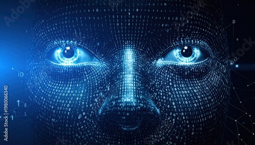 Digital Human Face with Blue Eyes.